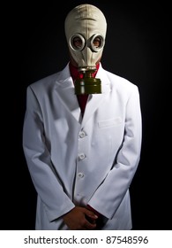 mad scientist wearing a gas mask and a lab coat