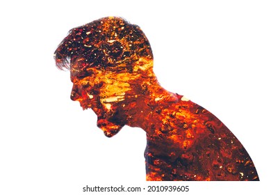 Mad Scream. Angry Man. Conflict Person. Aggression Neurosis. Double Exposure Of Furious Male Silhouette Coated In Red Hot Lava Isolated On White Background.