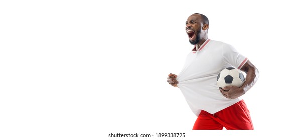 Mad Screaming. Funny Emotions Of Professional Football, Soccer Player Isolated On White Studio Background. Excitement In Game, Human Emotions, Facial Expression And Passion With Sport Concept. Flyer