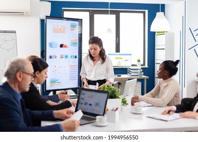 Mad Startup Business Owner Nervous Screaming At Diverse Associates Or Colleagues In Briefingroom. Businesswoman Raging About Multitasking Difficult Job, Screaming In Boardroom