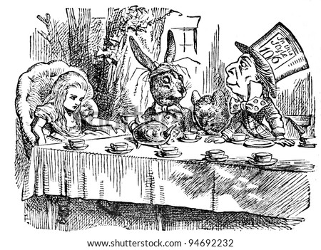 Mad Tea Party. Engraving by John Tenniel (United Kingdom, 1872). Illustration from book 