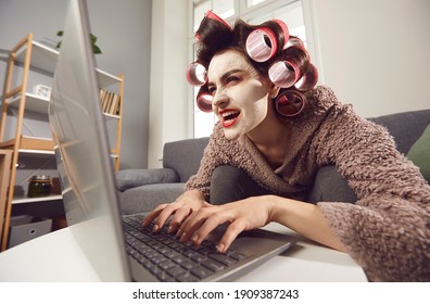 Mad woman in face mask and hair rollers sitting looking at laptop computer screen, writing insulting hater comment, spreading fake rumour. Jealous wife reading husband's direct message on social media