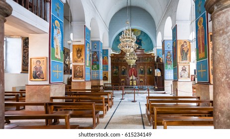 MADABA, JORDAN - FEBRUARY,20, 2012: interior of Greek Orthodox Basilica of St George. Madaba city is known by its Byzantine and Umayyad mosaics, especially the mosaic map of Holy Land in this Church