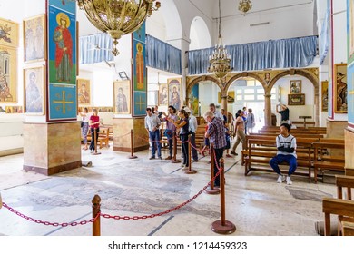 MADABA, JORDAN - OCTOBER 15, 2018: interior of Greek Orthodox Basilica of St George. Madaba city is known by its Byzantine and Umayyad mosaics, especially the mosaic map of Holy Land in this Church
