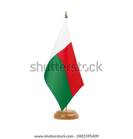 Madagascar Flag, small wooden malagasy table flag, isolated on white background