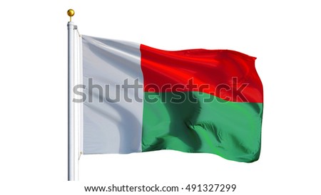 Madagascar flag waving on white background, close up, isolated with clipping path mask alpha channel transparency