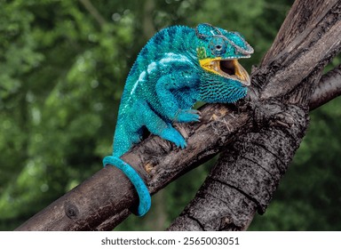 Madagascar. Panther chameleon on tree limb.