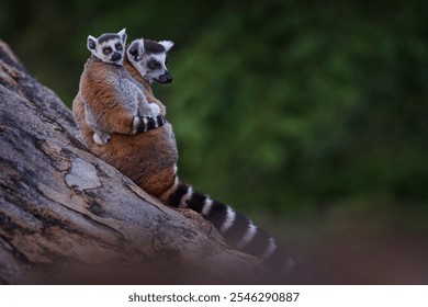 Madagascar wildlife, Ring-tailed Lemur, Lemur catta. Madagascar wildlife. Monkey family, young cub. Animal from Madagascar, Africa, orange eyes. Evening light sunset, Anja Nature Park. Monkey. 