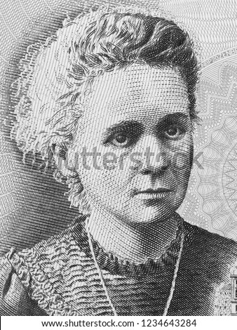 Madam Marie Curie on Poland 20 Zlotych banknote. Famous scientist and inventor in chemistry and physics. Black and white