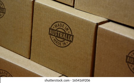 Made In Australia Stamp Printed On Cardboard Box. Factory, Manufacturing And Production Country Concept.