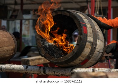 Made Oak Barrel, Burning Inside. Close Up