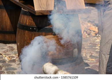 Made Oak Barrel, Burns A Drilled Hole In The Barrel