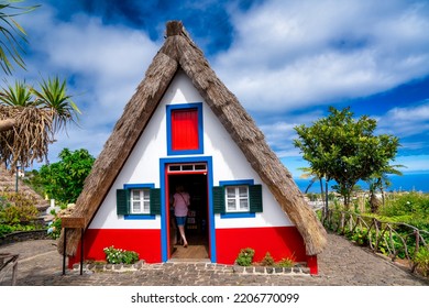 Madeira Island Rural Traditional House Village Landscape, Portugal. City Of Santana On A Beautiful Sunny Day.