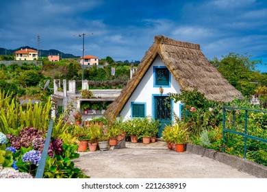 Madeira Island Rural Traditional House Village Landscape, Portugal. City Of Santana On A Beautiful Sunny Day.