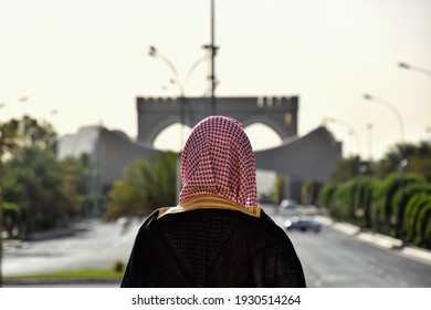 Madinah, Saudi Arabia 20 June 2020 - A Photo From Behind A Man Wearing A Turban And Graduation Robe