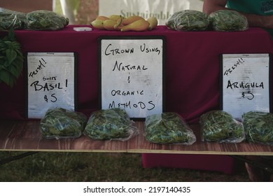  Madison, AL USA - July 2, 2022: Signs At A Local Farmers Market.                              