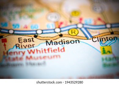 Madison. Connecticut. USA On A Geography Map