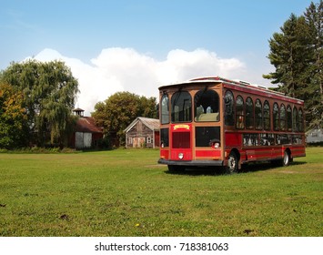 Madison County, New York, USA. September 17, 2017.  Vintage Trolley Car On Display Along Route 20 In Madison County , New York Outside Hamilton, NY