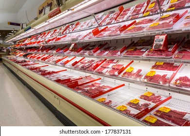 MADISON, NJ, UNITED STATES - FEBRUARY 13, 2014: Meat Aisle In An American Supermarket. The Meat Industry In The US Is A Powerful Political Force, Both In The Legislative And The Regulatory Arena.