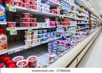 MADISON, NJ, USA - FEBRUARY 13, 2014: Cultured Dairy Products Aisle In An American Supermarket. Cultured Milk Products, Known To Mankind Since Antiquity, Play An Important Role In The American Diet.