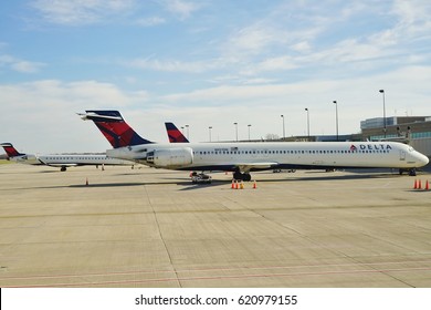 MADISON, WI -7 APR 2017- Airplanes From Delta Airlines (DL) At The Dane County Regional Airport (MSN) Serving Madison, The Capital Of Wisconsin. 