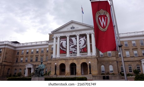 Madison, WI - May 24, 2022: Bascom Hall With Logo Banner At University Of Wisconsin Badgers' College Campus Building