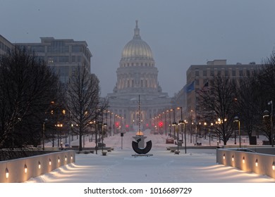 Madison Wisconsin Capital At Night During Snowstorm