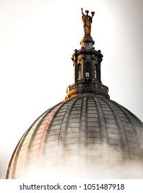 Madison Wisconsin Capitol Building Shrouded in Fog During Golden Hour Sunrise