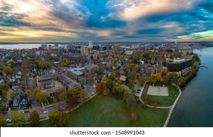 Madison Wisconsin Isthmus and Capital at sunrise - Shutterstock ID 1548991043
