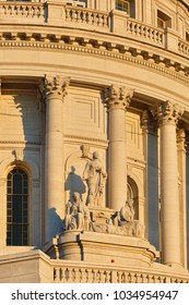 Madison, Wisconsin - July 13, 2017: Wisconsin State Capital Closeup At Sunset Madison, Wisconsin USA. The State Capitol Houses Both Chambers Of The Wisconsin Legislature.