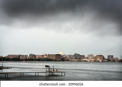 Madison Wisconsin Skyline during a thunderstorm (long exposure)