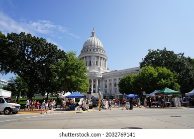 Madison, Wisconsin USA - August 29th, 2021: Community Of Madison Held Their Weekend Farmers Market Around On The Streets Of The Capitol. 