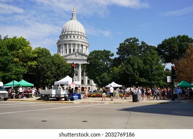 Madison, Wisconsin USA - August 29th, 2021: Community Of Madison Held Their Weekend Farmers Market Around On The Streets Of The Capitol. 