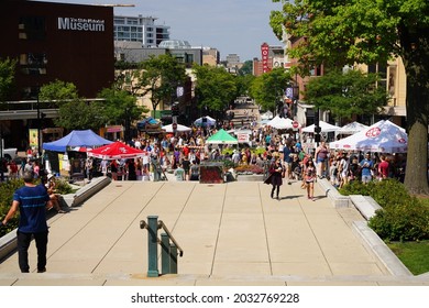 Madison, Wisconsin USA - August 29th, 2021: Community Of Madison Held Their Weekend Farmers Market Around On The Streets Of The Capitol. 