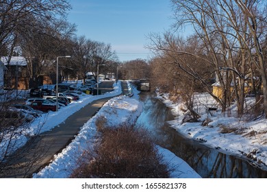 Madison, Wisconsin / USA - February 2020: A View Of Starkweather Creek And The Bike Path On The Northside Of Madison, WI. 