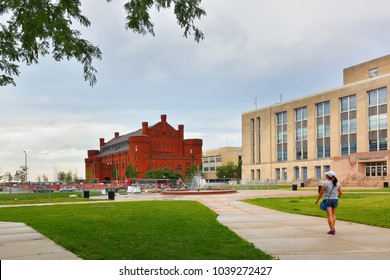 Madison, Wisconsin, USA - July 11, 2017: Library Mall On The Campus Of The University Of Wisconsin–Madison At Sunset. Photo Shows Memorial Library And Armory And Gymnasium Building.