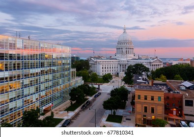 Madison, Wisconsin, USA - July 11, 2017: Bird's Eye View Of The Wisconsin State Capital At Sunset.  The Building Houses Both Chambers Of The Wisconsin Legislature Along With Wisconsin Supreme Court .