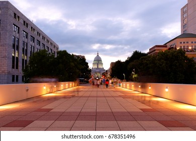 Madison, Wisconsin, USA - July 11, 2017: The Wisconsin State Capital After Sunset.  The Building Houses Both Chambers Of The Wisconsin Legislature Along With Wisconsin Supreme Court .