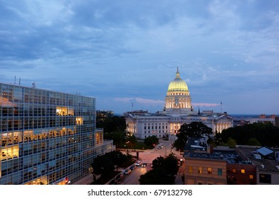 Madison, Wisconsin, USA - July 11, 2017: Bird's Eye View Of The Wisconsin State Capital After Sunset.  The Building Houses Both Chambers Of The Wisconsin Legislature And Wisconsin Supreme Court .