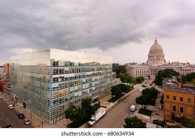 Madison, Wisconsin, USA - July 11, 2017: Bird's Eye View Of The Wisconsin State Capital On A Cloudy Day.  The Building Houses Both Chambers Of The Wisconsin Legislature And Wisconsin Supreme Court .