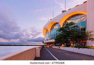 Madison Wisconsin USA - July 13, 2017: The Monona Terrace Community And Convention Center At Sunset. Originally Designed By Wisconsin Native Frank Lloyd Wright And Was Built In 1997.