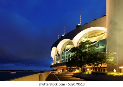 Madison Wisconsin USA - July 13, 2017: The Monona Terrace Community And Convention Center After Sunset. Originally Designed By Wisconsin Native Frank Lloyd Wright And Was Built In 1997.