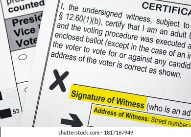 Madison, Wisconsin / USA - September 17 2020: A 2020 Presidential Election Voting Ballot Highlighting The Required Witness Signature For Absentee Voting.