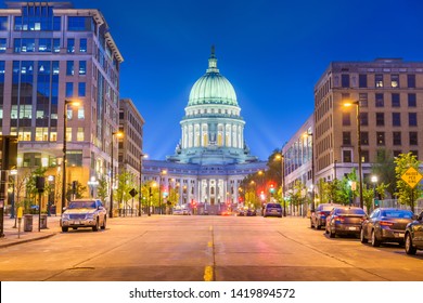 Madison, Wisconsin, USA state capitol building at dusk. 