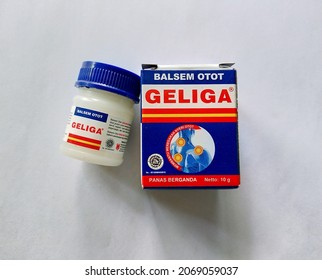 Madiun, Indonesia - 4 November 2021 : Geliga Brand Muscle Balm Isolated On A White Background, Geliga As A Liniment To Relieve Muscle And Joint Pain