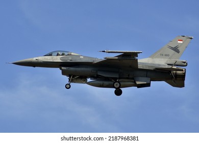 Madiun, Indonesia - JUNE 3, 2022: Indonesian Air Force's (TNI AU) F16 Fighting Falcon lands at Iswahyudi Air Base after carrying out a training flight sortie,