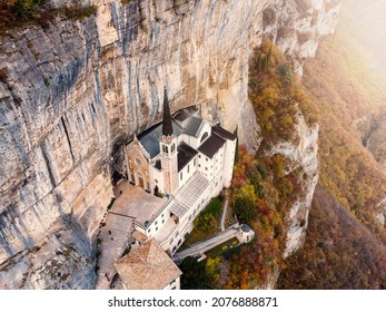 Madonna Della Corona Sanctuary Built Into The Mountain In Northern Italy. Aerial View. Ferrara Di Monte Baldo Verona, Italy.