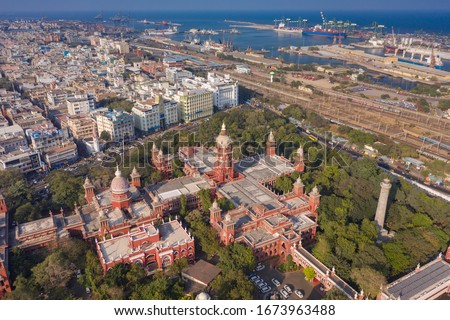 Madras High Court / Chennai High Court - The oldest High Courts of India. Aerial view of Chennai City. Aerial view of Madras High Court, Chennai