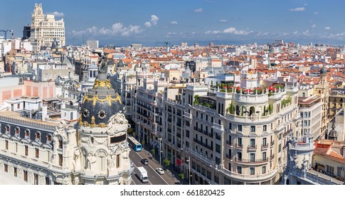 Madrid Aerial Cityscape From Rooftop, Spain