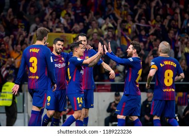 MADRID - APR 21: Barcelona players celebrate a goal at the Copa del Rey final match between Sevilla FC and FC Barcelona at Wanda Metropolitano Stadium on April 21, 2018 in Madrid, Spain.